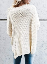 Round Neck Long Sleeve Loose Side Zip Hollow Out Solid Color Sweater