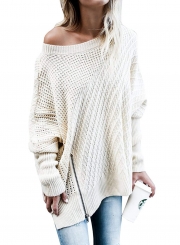 Round Neck Long Sleeve Loose Side Zip Hollow Out Solid Color Sweater