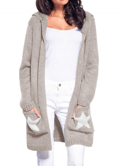 Casual Long Sleeve Star Pattern Open Front Hooded Chunky Cardigan YOUYOUFASHIONEC.com