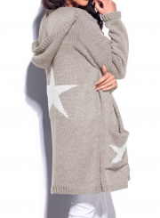 Casual Long Sleeve Star Pattern Open Front Hooded Chunky Cardigan