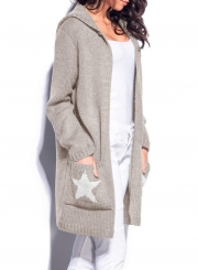 Casual Long Sleeve Star Pattern Open Front Hooded Chunky Cardigan