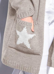 Casual Long Sleeve Star Pattern Open Front Hooded Chunky Cardigan