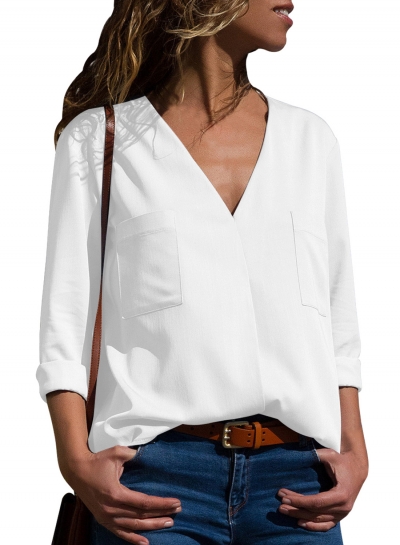 Casual V Neck Long Sleeve Loose Solid Color Blouse With Pockets STYLESIMO.com