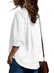 Casual V Neck Long Sleeve Loose Solid Color Blouse With Pockets