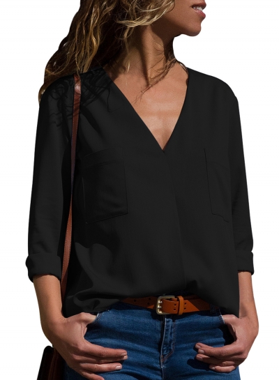 Casual V Neck Long Sleeve Loose Solid Color Blouse With Pockets YOUYOUFASHIONEC.com