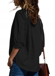 Casual V Neck Long Sleeve Loose Solid Color Blouse With Pockets