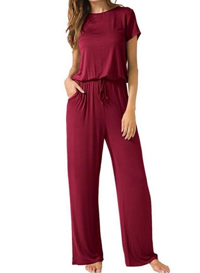 Round Neck Short Sleeve Elastic Waist Wide Leg Loose jumpsuit