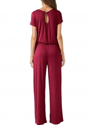 Round Neck Short Sleeve Elastic Waist Wide Leg Loose jumpsuit