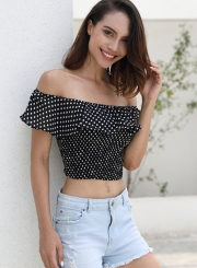 Sexy Off Shoulder Short Sleeve Slim Ruffle Polka Dot Crop Top