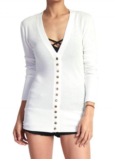 Casual V Neck Long Sleeve Slim Solid Color Button Down Cardigan