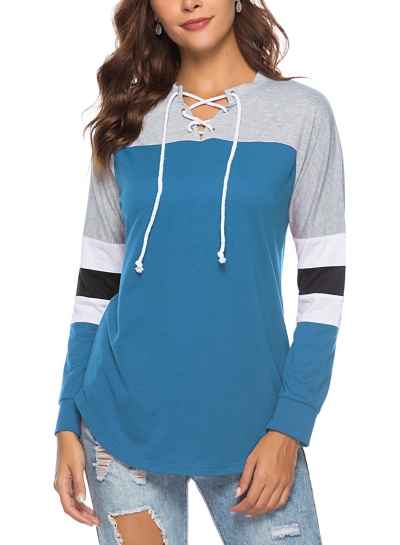 Casual Striped Long Sleeve Lace-Up Neck Color Block Loose Tee