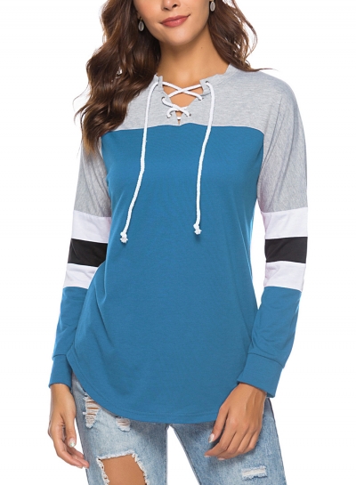 Casual Striped Long Sleeve Lace-Up Neck Color Block Loose Tee STYLESIMO.com
