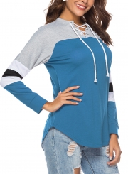 Casual Striped Long Sleeve Lace-Up Neck Color Block Loose Tee
