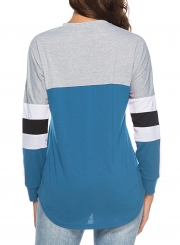 Casual Striped Long Sleeve Lace-Up Neck Color Block Loose Tee