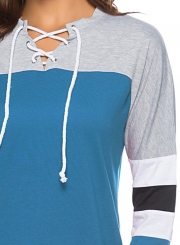 Casual Striped Long Sleeve Lace-Up Neck Color Block Loose Tee