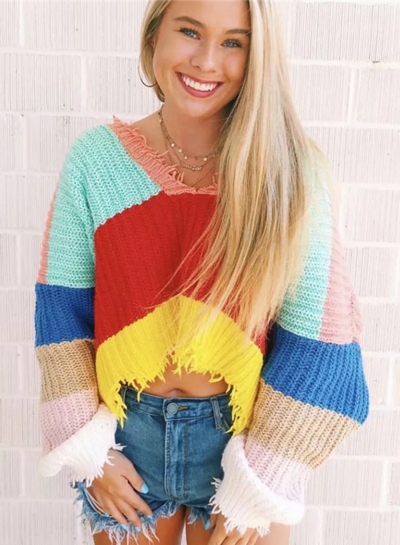 Multi Sexy Oversize Striped Color Block V Neck Long Sleeve Crop Top Sweater YOUYOUFASHIONEC.com