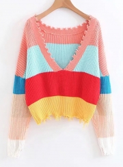 Multi Sexy Oversize Striped Color Block V Neck Long Sleeve Crop Top Sweater