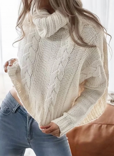 Apricot Women's Turtleneck Long Sleeve Loose Solid Color Short Pullover Sweater YOUYOUFASHIONEC.com