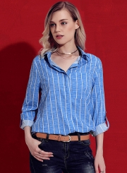 Blue Casual Striped Turn-Down Collar Long Sleeve Loose Button Down Shirt