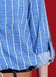 Blue Casual Striped Turn-Down Collar Long Sleeve Loose Button Down Shirt