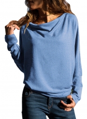 Blue Casual Slash Neck Long Sleeve Loose Pullover Sweatshirt