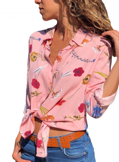Pink Floral Print Long Sleeve Turn-Down Collar Loose Button Down Shirt STYLESIMO.com