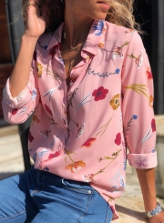 Pink Floral Print Long Sleeve Turn-Down Collar Loose Button Down Shirt