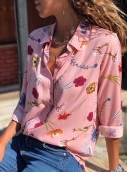 Pink Floral Print Long Sleeve Turn-Down Collar Loose Button Down Shirt