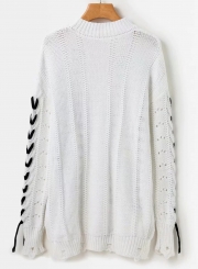 White Round Neck Long Sleeve Lace-Up Hollow Out Slit Loose Sweater