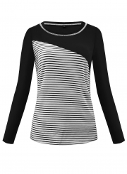 Black Casual Striped Round Neck Long Sleeve Loose Pullover Tee