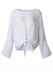 White Round Neck Long Sleeve Bow Tie Loose Pullover Blouse