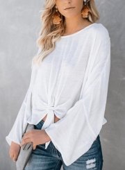 White Round Neck Long Sleeve Bow Tie Loose Pullover Blouse