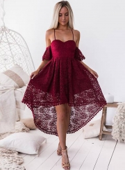 Spaghetti Strap Off Shoulder High Waist Lace Hollow Out High Low Dress