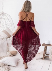Spaghetti Strap Off Shoulder High Waist Lace Hollow Out High Low Dress