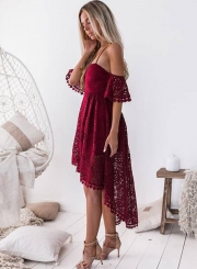 Spaghetti Strap Off Shoulder High Waist Lace Hollow Out High Low Dress