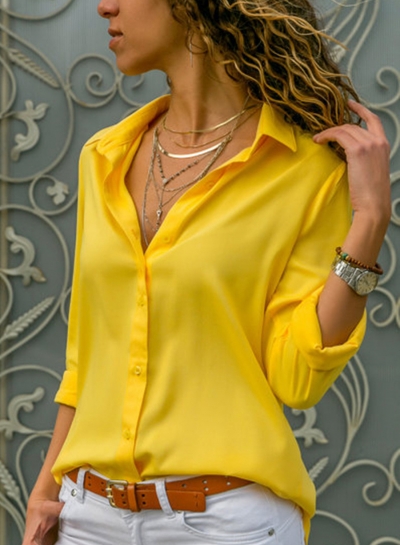 Long Sleeve Turn-Down Collar Solid Color Button Down Shirt YOUYOUFASHIONEC.com