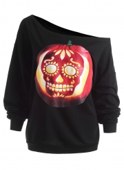 Casual Halloween Pumpkin Skull Print One Shoulder Loose Tee