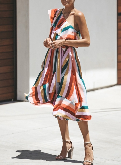 Casual Striped One Off Shoulder Sleeveless Ruffle Irregular Midi Dress LZDINTECOMMERCE.com