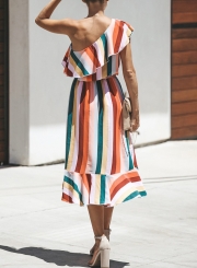 Casual Striped One Off Shoulder Sleeveless Ruffle Irregular Midi Dress