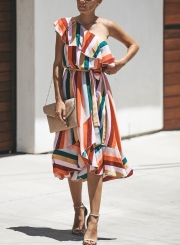 Casual Striped One Off Shoulder Sleeveless Ruffle Irregular Midi Dress