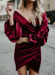 Burgundy Sexy Off Shoulder Lantern Sleeve Irregular Solid Color Bodycon Mini Dress