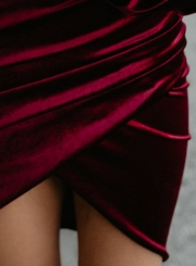Burgundy Sexy Off Shoulder Lantern Sleeve Irregular Solid Color Bodycon Mini Dress