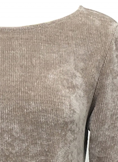 Grey Corduroy Lantern Sleeve Round Neck Bow Tie Solid Color Mini Dress stylesimo.com
