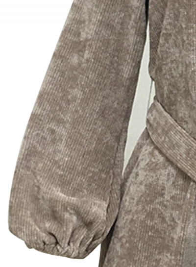 Grey Corduroy Lantern Sleeve Round Neck Bow Tie Solid Color Mini Dress stylesimo.com