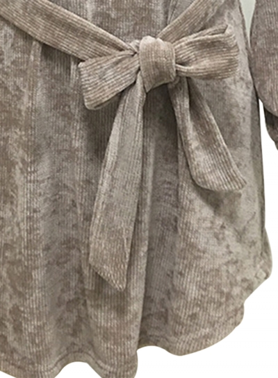 Grey Corduroy Lantern Sleeve Round Neck Bow Tie Solid Color Mini Dress stylesimo.com