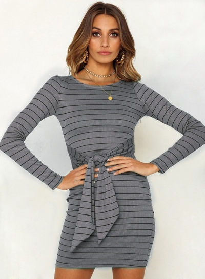 Casual Striped Round Neck Long Sleeve Waist Tie Pullover Bodycon Dress YOUYOUFASHIONEC.com