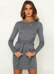 Casual Striped Round Neck Long Sleeve Waist Tie Pullover Bodycon Dress