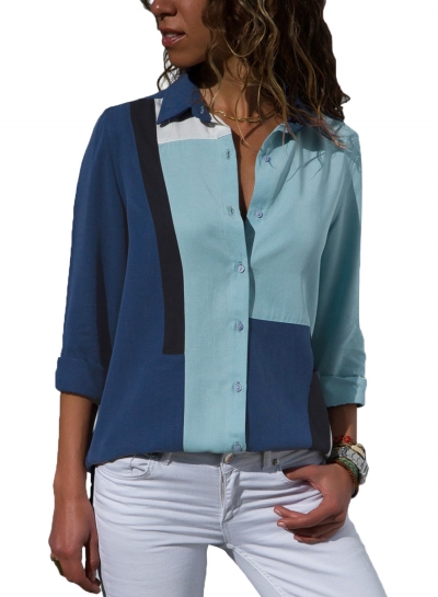 Navy&blue  Striped Long Sleeve Turn-Down Collar Loose Button Down Shirt YOUYOUFASHIONEC.com