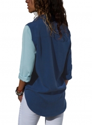 Navy&blue  Striped Long Sleeve Turn-Down Collar Loose Button Down Shirt
