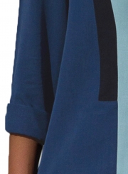 Navy&blue  Striped Long Sleeve Turn-Down Collar Loose Button Down Shirt